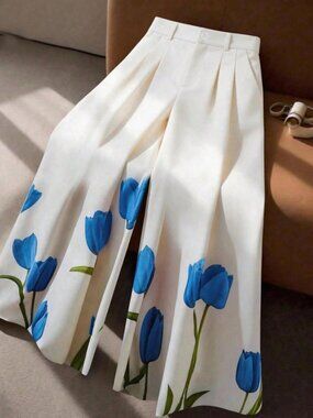 Blue Elegant Women's Plus Size Floral Color Block wide legged Pants